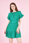 Kadın Kemerli Eteği Büzgülü Çiçekli Bürümcük Kısa Elbise 23062 Yeşil