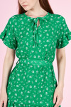 Kadın Kemerli Eteği Büzgülü Çiçekli Bürümcük Kısa Elbise 23062 Yeşil