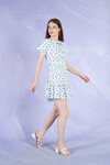 Kadın Kemerli Eteği Büzgülü Çiçekli Bürümcük Kısa Elbise  23062 Beyaz