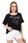 Kadın Baskılı Taşlı Siyah T-Shirt 20009