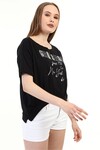 Kadın Baskılı Taşlı Siyah T-Shirt 20009