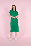 Kadın Yeşil Kompak Kumaş Baskılı Yazlık Penye Elbise Cepli Yırtmaçlı Tam Kalıp 23130