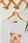 Kadın Tekne Baskılı Oversize T-Shirt 21007B3 Beyaz