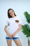 Kadın Peluş Ayıcıklı Oversize Tişört Pamuklu Yazlık 22408 Beyaz