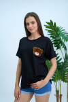 Kadın Peluş Ayıcıklı Oversize Tişört Pamuklu Yazlık  22408 Siyah